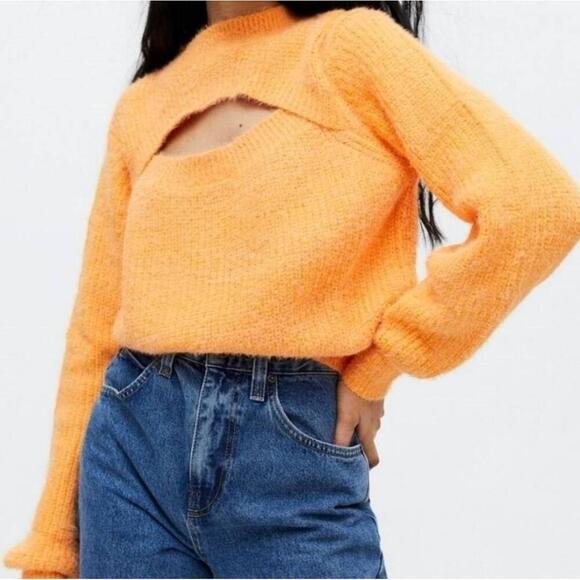 4SI3NNA Sweaters - 4SI3NNA Orange Fuzzy Cut Out Sweater Knit Long Sleeve Pullover